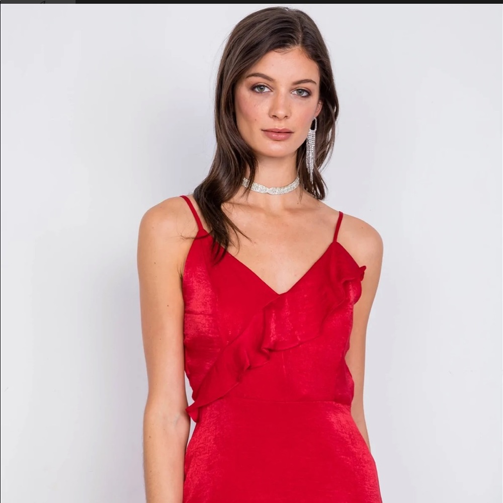 Le lis Red dress. Red Satin Flounce Trim V-Neck A-Line Midi Chic Dress